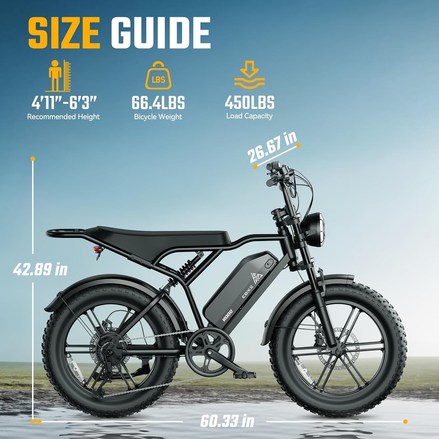 Electric Bike for Adults 1500W Peak 20" Fat Tire All-Terrain E-Bike 60/110 Miles 28 MPH Electric Dirt Bike