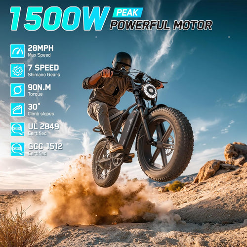 Electric Bike for Adults 1500W Peak 20" Fat Tire All-Terrain E-Bike 60/110 Miles 28 MPH Electric Dirt Bike
