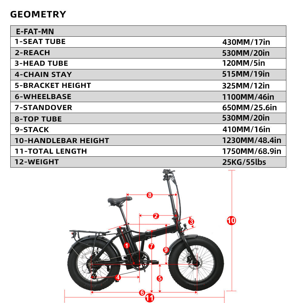 EUNORAU E-FAT-MN 48V 12.5Ah/17.5Ah 500W Folding Fat Tire Electric Bike